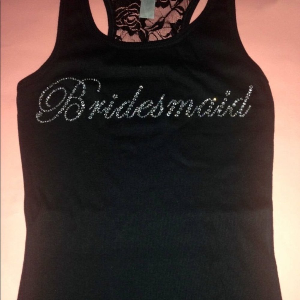 3/$20 Black Bridesmaid Rhinestone Lace Tank Top